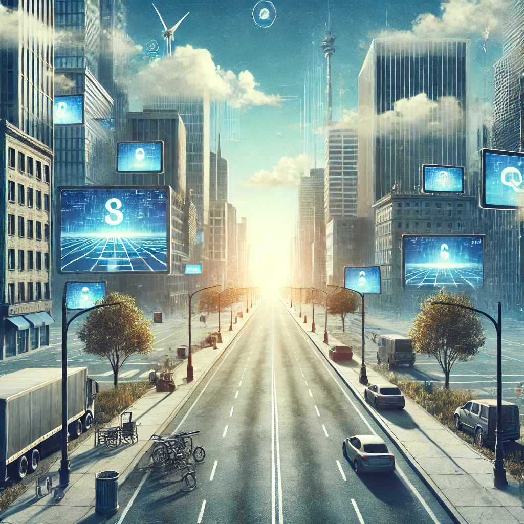 A-digital-artwork-representing-a-world-without-the-internet.-Show-an-empty-quiet-city-with-no-people-or-cars-digital-screens-turned-off-and-abandon