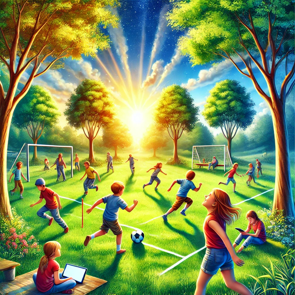 A-digital-artwork-of-kids-playing-outdoor-games-like-soccer-tag-and-hide-and-seek-in-a-park